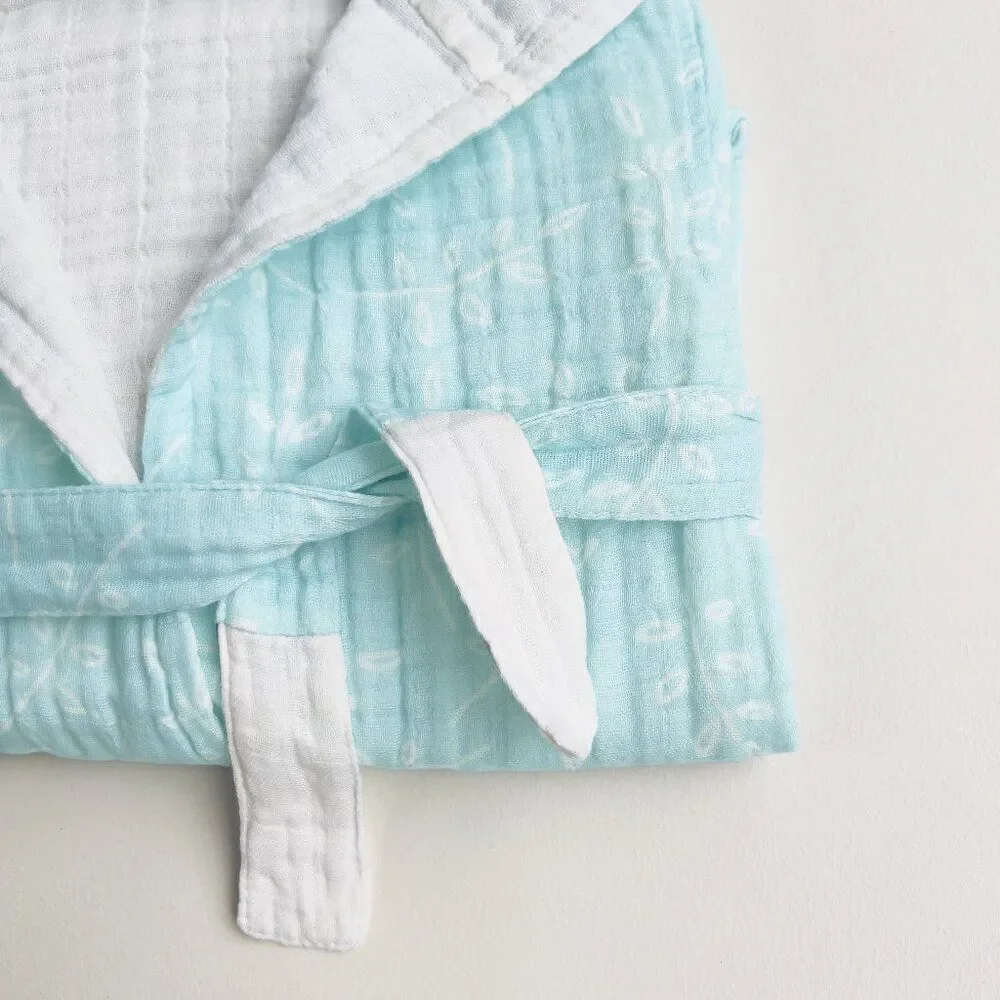 KIDS Organic Muslin Cotton Bathrobe - Reversible Blue Leaves